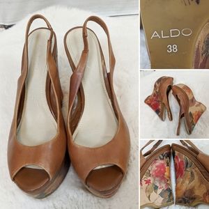 ALDO Brown Peeptoe Shoe w/Floral Wedge Sz 38..